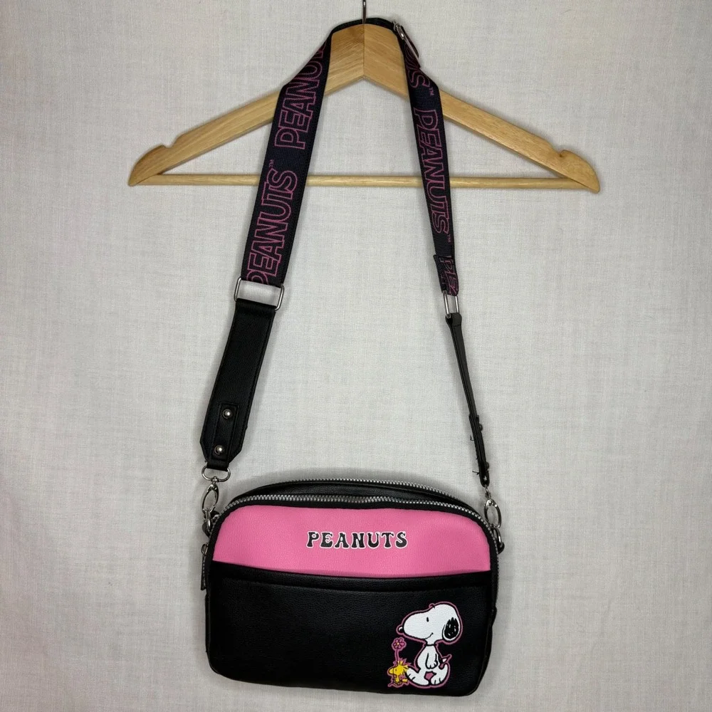 Peanuts Snoopy Woodstock Crossbody Bag Pink Black Camera Bag Faux Leather